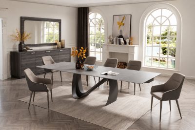9087 Table Dark grey with 1254 chairs and Vulcano Buffet/mirror